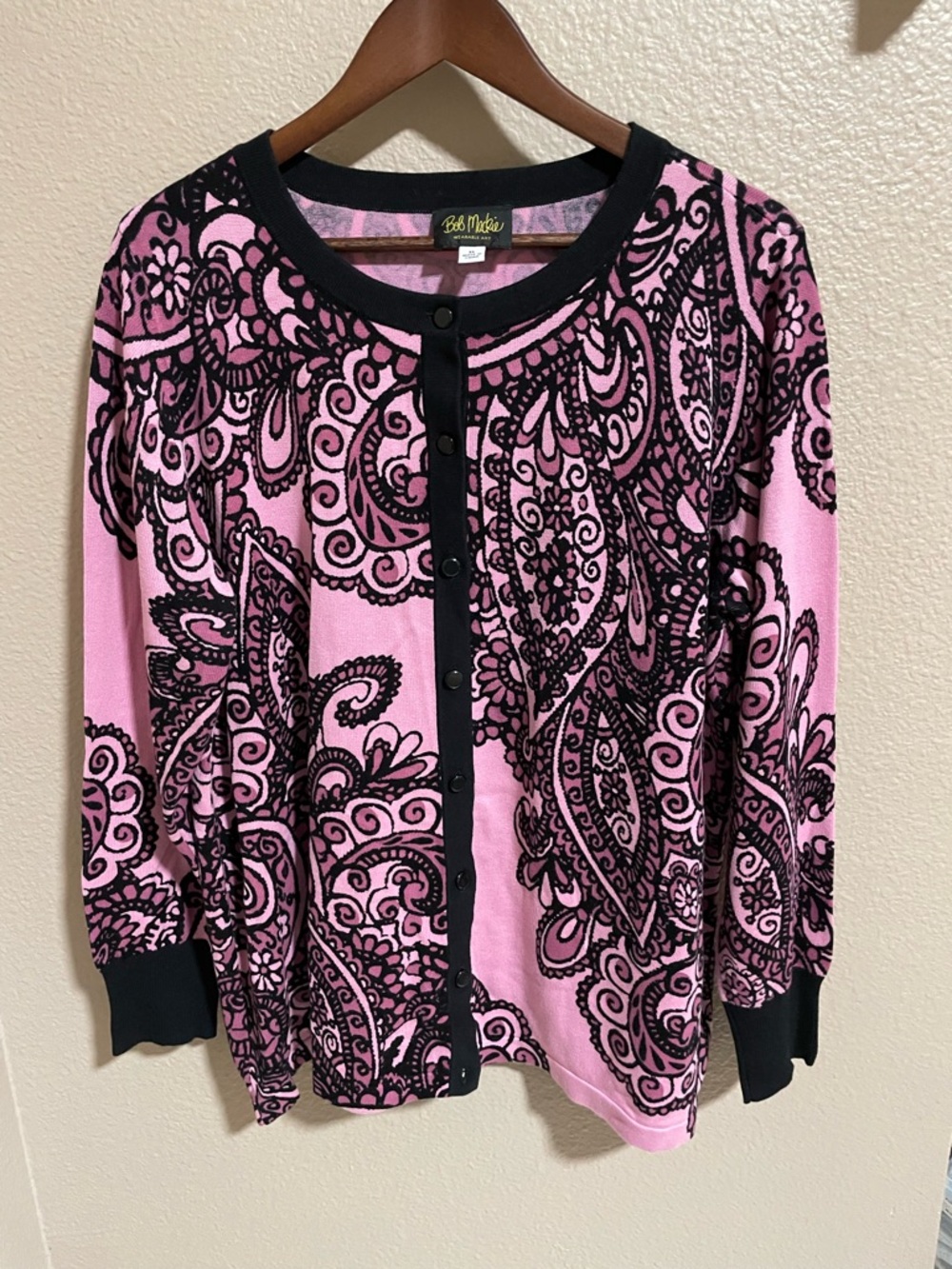 Bob Mackie Wearable Art Pink and Black Paisley Knit Cardigan Top